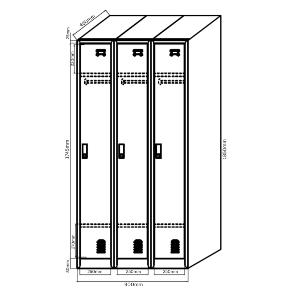 3 DOOR METAL STORAGE LOCKER – LIGHT GREY (EXTRA WIDTH) GOPHD-LK303S - Image 4